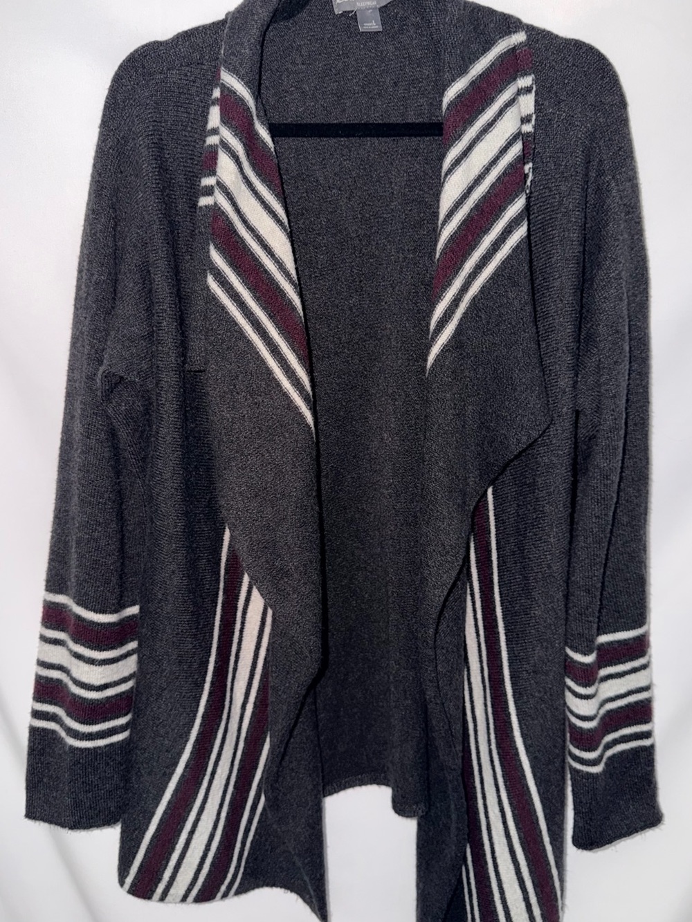 Eddie Bauer Charcoal Open-Front Cardigan with White and Burgundy Stripes